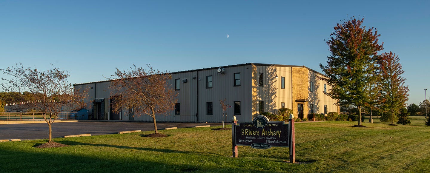 View of the outside of our 3Rivers Archery warehouse and yard sign.